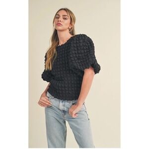 THML Black Textured Bubble Sleeve Top Women's Size Small